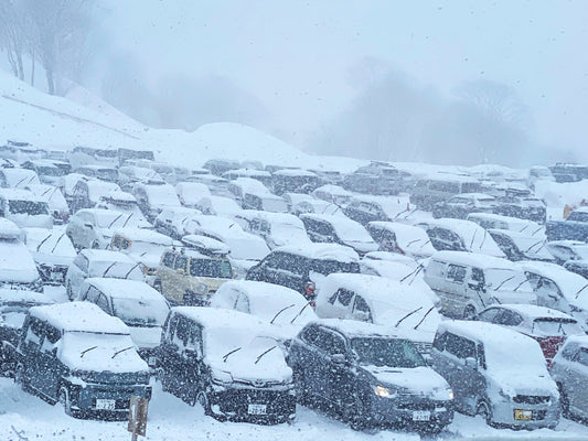 lot of cars pictured with snow falling over the top of them and covering them