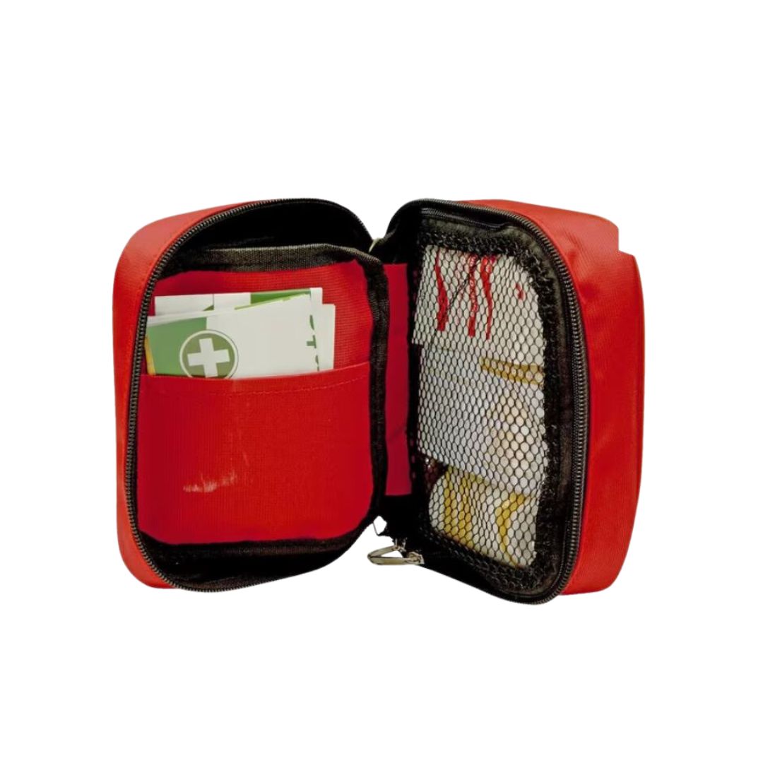Trafalgar first aid kit pictured open showing its contents on a white background