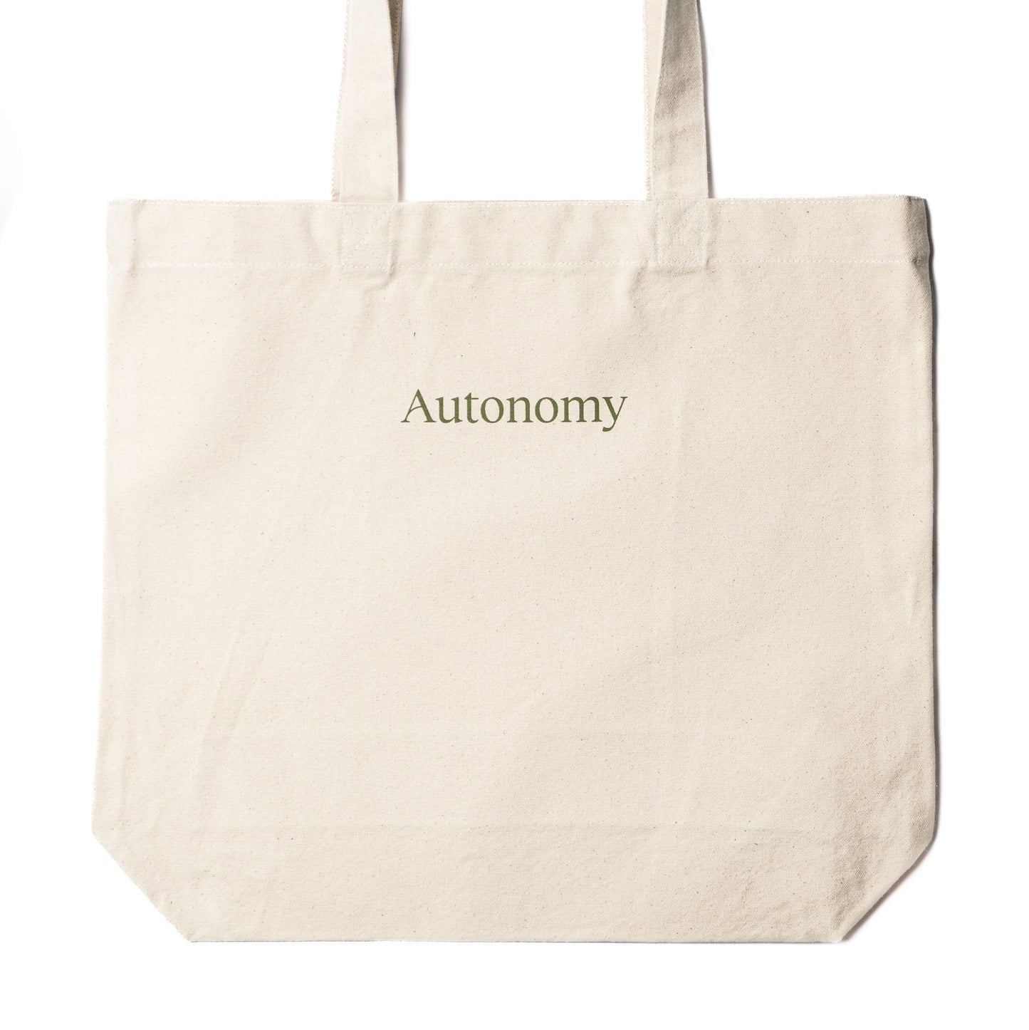 autonomy tote bag pictured laid flat on a white background